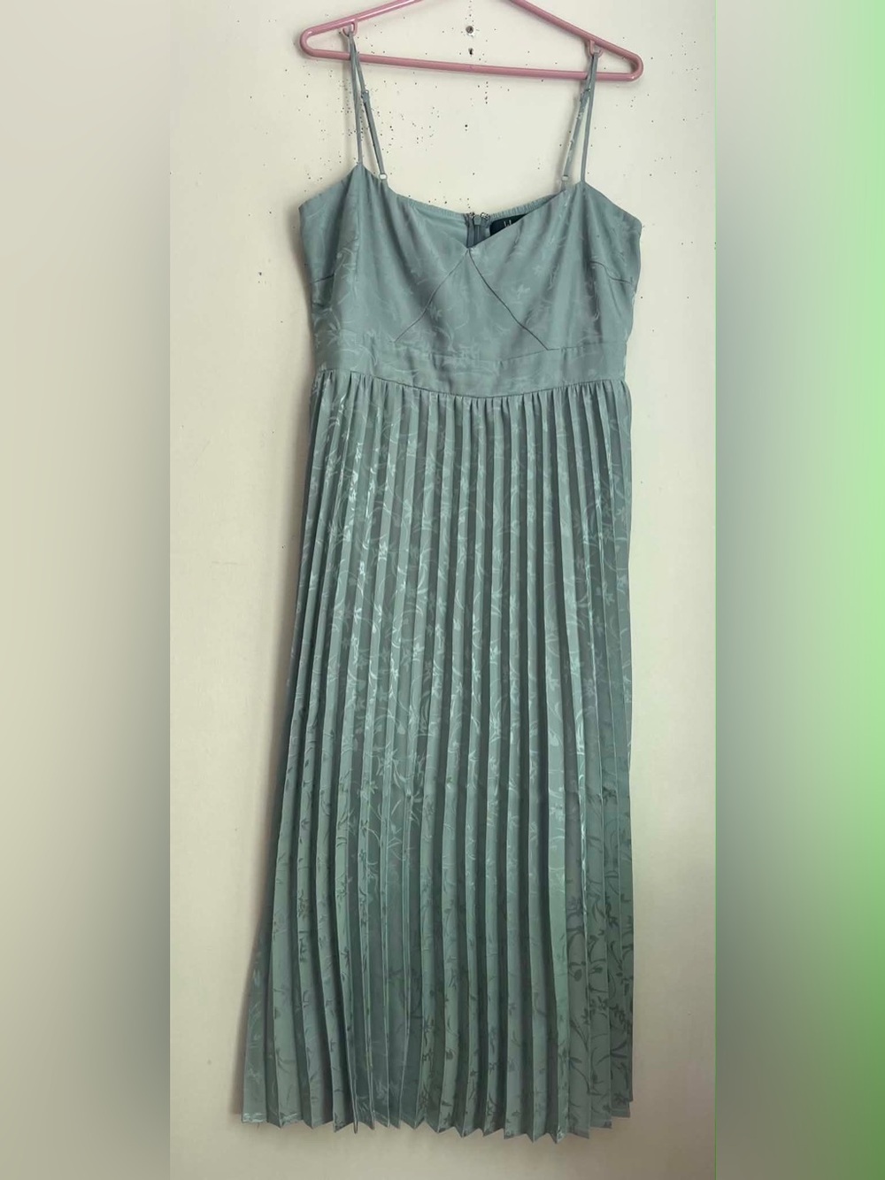 Lulu's Sage Green Pleated Spaghetti Strap Midi Dress